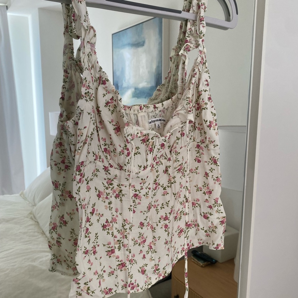 Reformation Cream Tank Top with Pink Floral Print